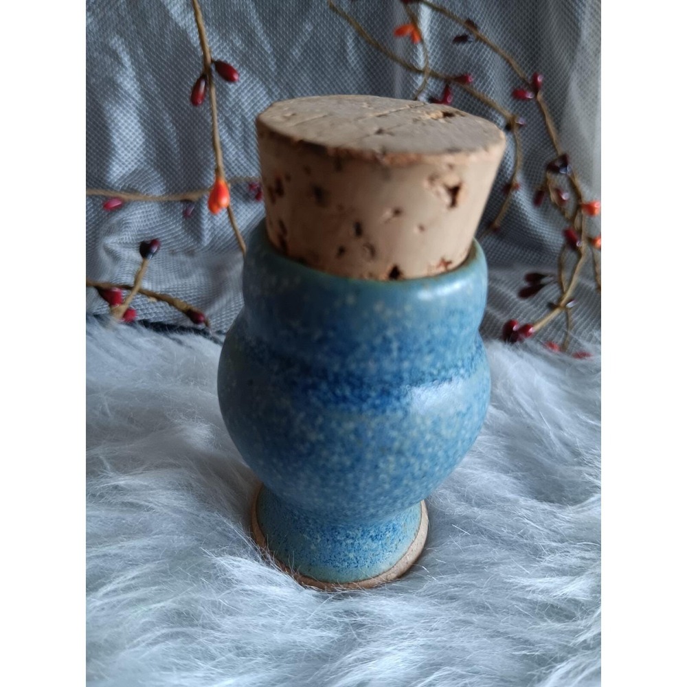 Miniature Pottery/Blue Signed Vase With Cork Stopper - Picture 3 of 6